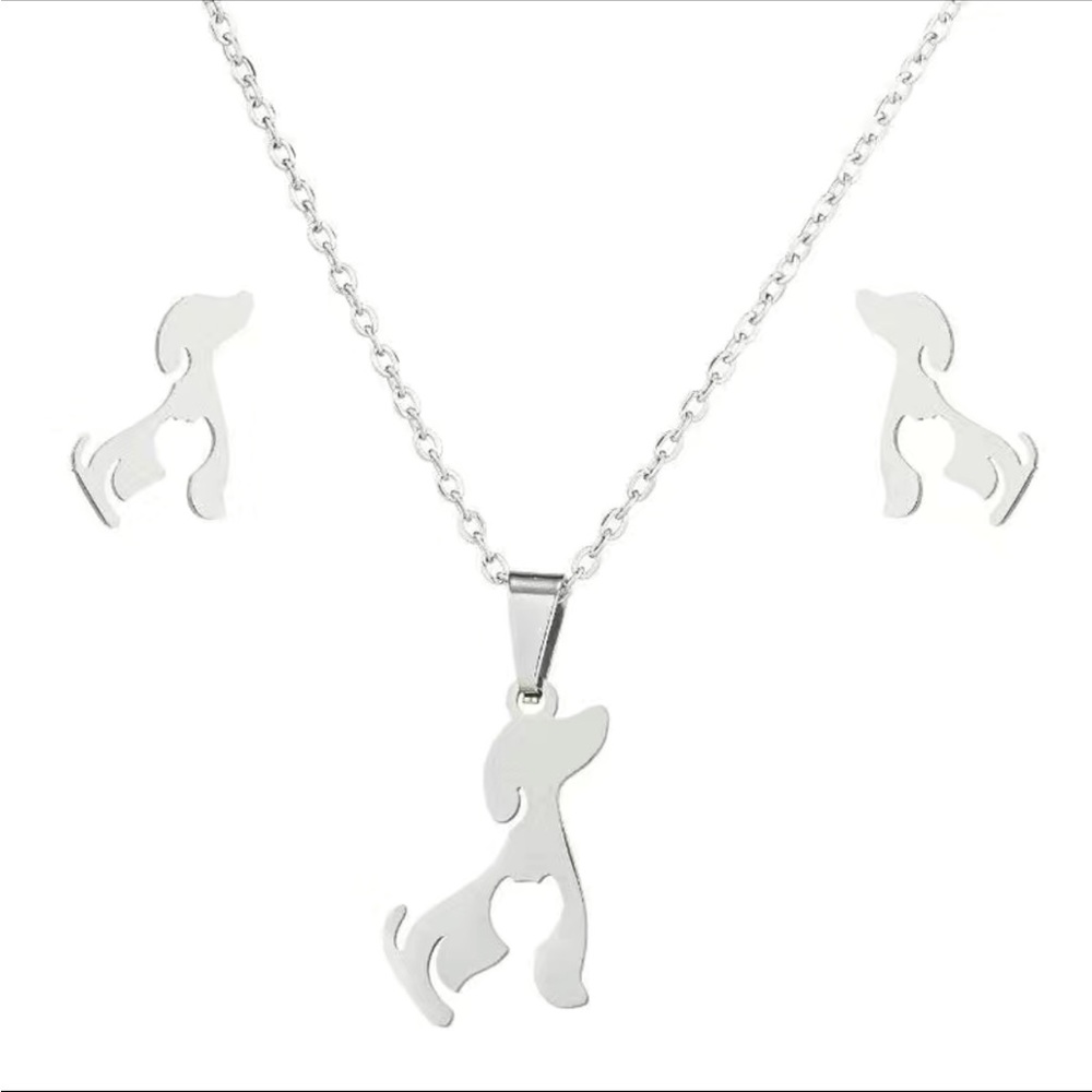 Stainless Steel Silver Dog Pendant Necklace and Stud Earring Set